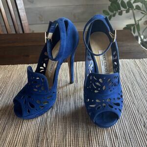 JIMMY CHOO | Kalan Perforated Blue Suede Platform Pumps Sz 37